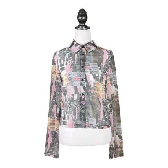 The Ragged Priest Multicolored Mesh Abstract Eyes Lips Print Long Sleeve Top 14 - Picture 2 of 9